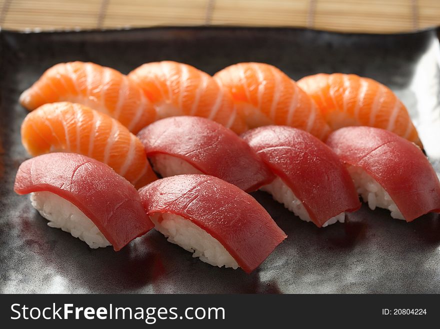 Japanese Food Sushi plate salmon tuna. Japanese Food Sushi plate salmon tuna