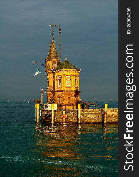 This is the historical port entrance building of Constance Harbour, Baden-WÃ¼rttemberg, South-Germany, near the border to Switzerland, at the Lake Constance