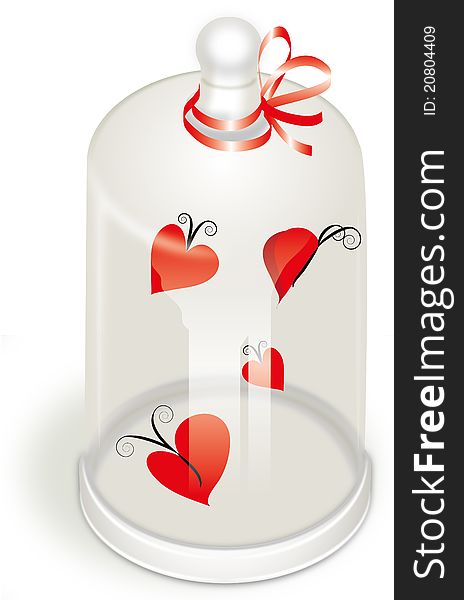 Glass case with flying hearts inside. Glass case with flying hearts inside