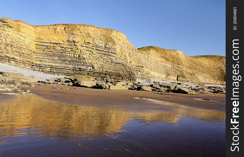 The Jurassic coastline and cliffs at Dunraven Bay, Southerndown, Wales Heritage Coast, and reflections. The Jurassic coastline and cliffs at Dunraven Bay, Southerndown, Wales Heritage Coast, and reflections