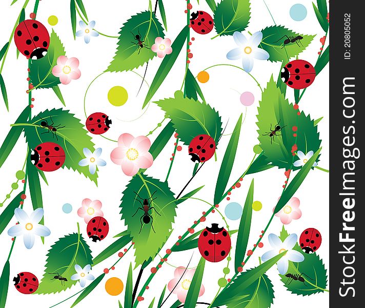 Ladybirds and ants on a bright floral background. Ladybirds and ants on a bright floral background