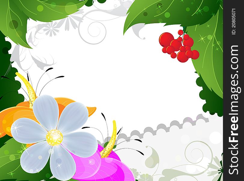 Bouquet of wild flowers and ripe berries. Greeting card.