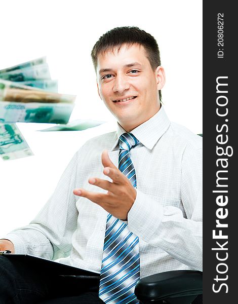 Smiling businesswoman throwing money isolated on a white background