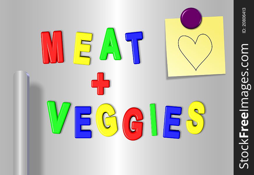 Fridge magnets spelling meat and veggies with a heart on a sticky note. Fridge magnets spelling meat and veggies with a heart on a sticky note