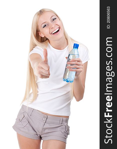 Pretty happy woman with a water bottle, isolated on white