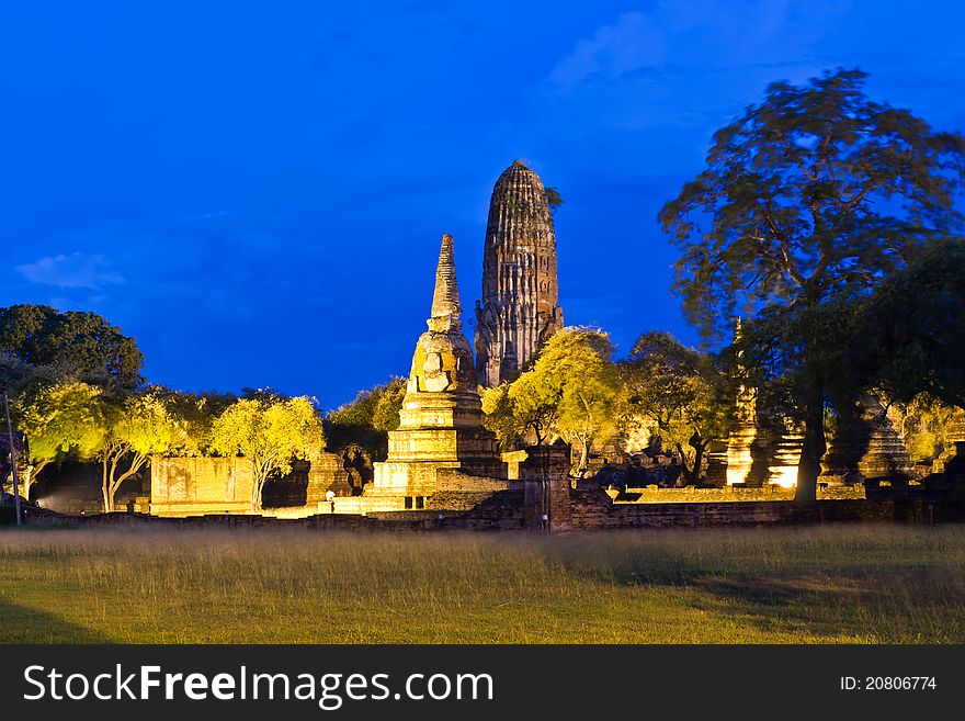 Ruin temple in Ayutthaya Thailand in twilight time
