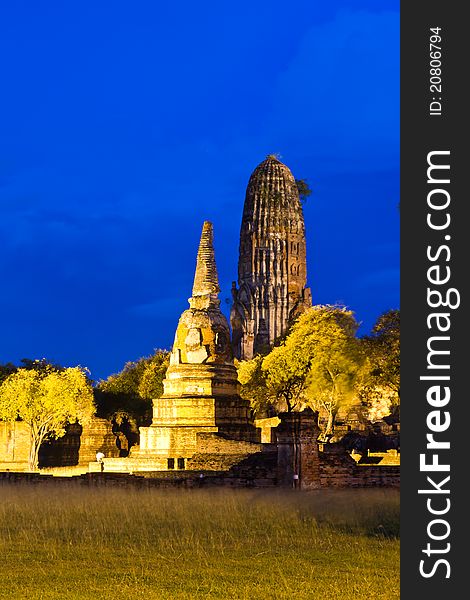 Ruin temple in Ayutthaya Thailand in twilight time