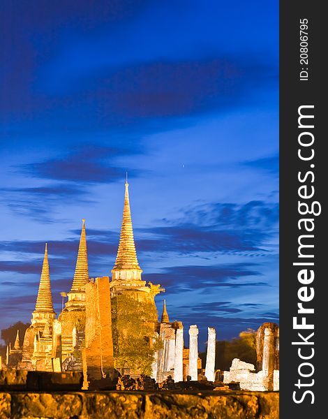 Ruin temple in Ayutthaya Thailand in twilight time