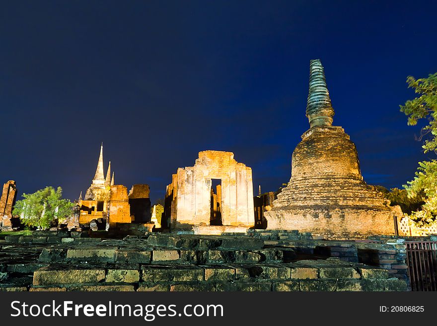 Ruin temple in Ayutthaya Thailand in twilight time