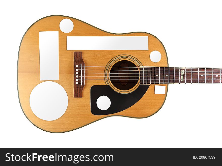 Acoustic guitar on a white background with blank stickers on main body - clipping paths for each sticker included. Acoustic guitar on a white background with blank stickers on main body - clipping paths for each sticker included