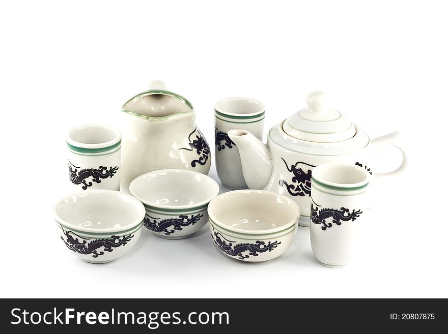 Chinese ceramic tea set isolated on white background