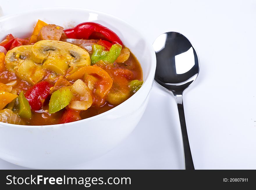 Leczo is an originally Hungarian thick vegetable stew which features peppers and tomato, onion, lard, salt, sugar and ground paprika as a base recipe