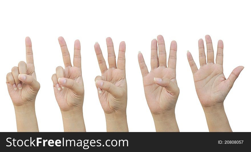 Woman hand making sign. Isolated on white background