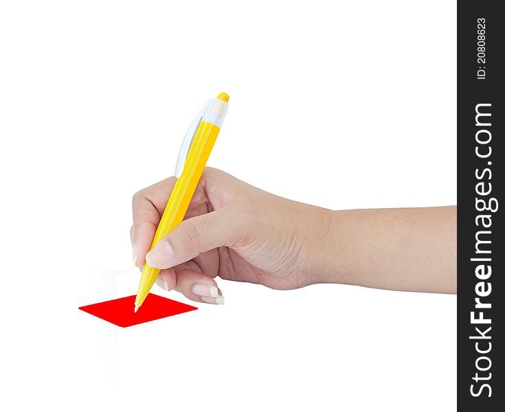 Female hand with yellow pen over white background