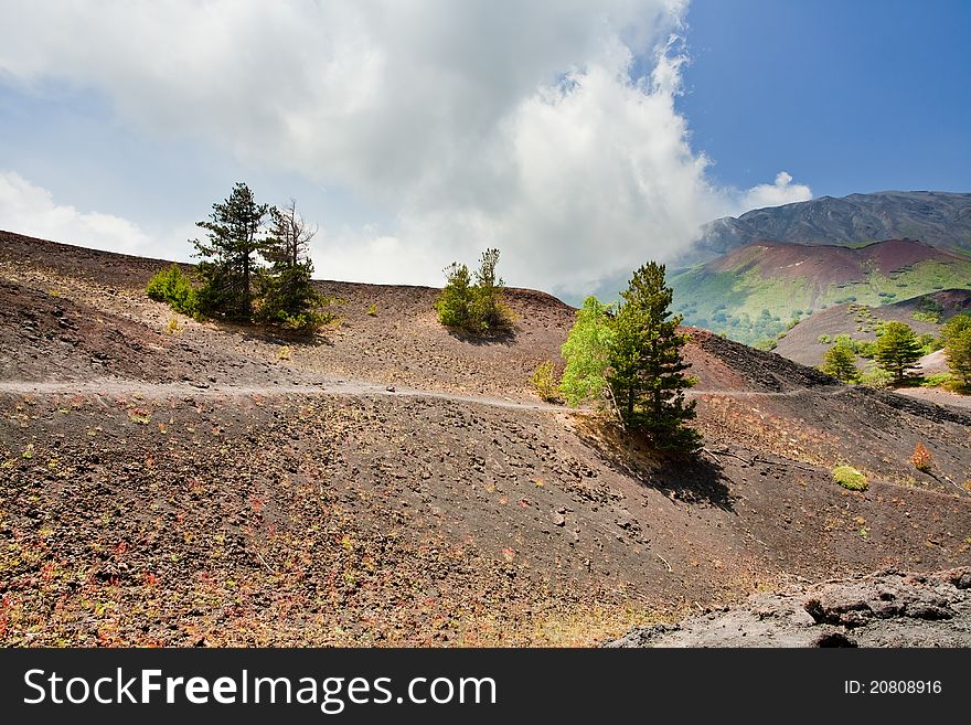 Mountain path in clinker ground on volcano Etna