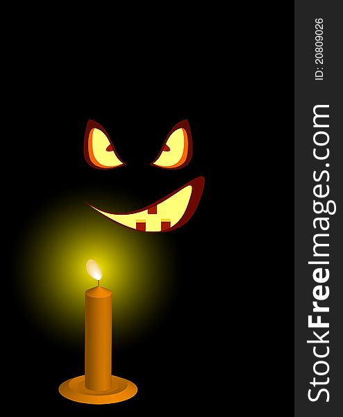 Scary smile, appearing out of the darkness with a candle. Scary smile, appearing out of the darkness with a candle