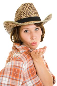 Woman Cowboy Sends A Kiss. Stock Photos