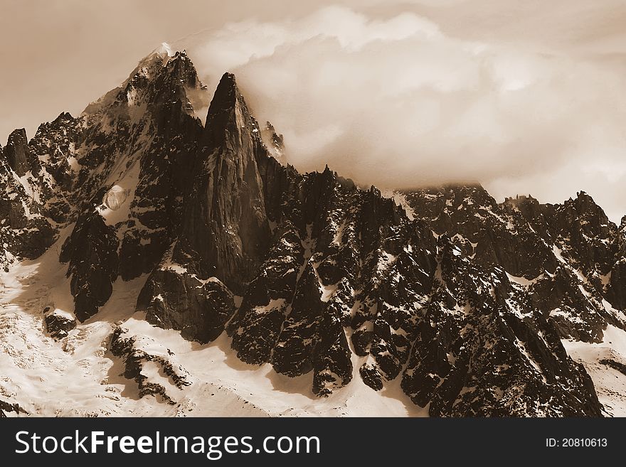 Mountains In Chamonix-Mont-Blanc In Cloudy Weather
