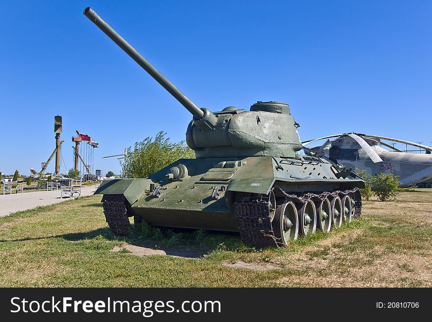 Russian battle tank with blue sky in background