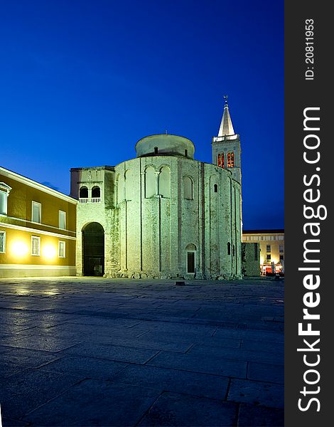 Green, blue and yellow of the Zadar Roman square with the cathedral of St.Donat