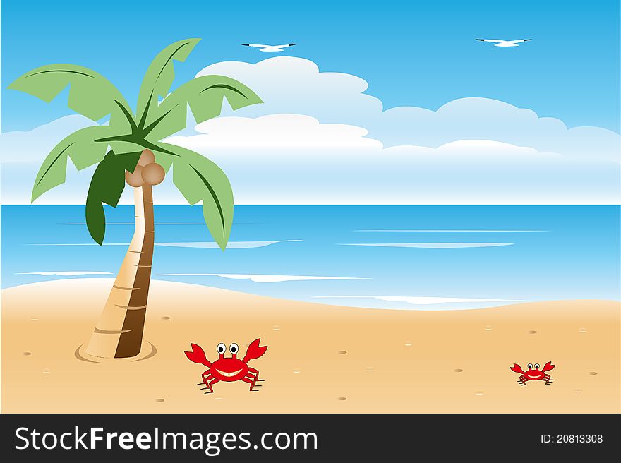 Seascape with palm trees and crabs and birds. Seascape with palm trees and crabs and birds.