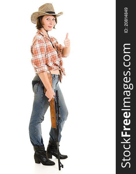 Cowboy woman with a gun on a white background. Cowboy woman with a gun on a white background.
