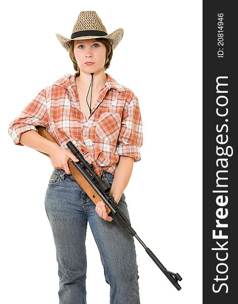 Cowboy woman with a gun on a white background. Cowboy woman with a gun on a white background.