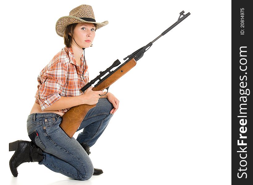 Cowboy woman with a gun on a white background. Cowboy woman with a gun on a white background.