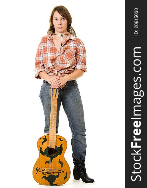 Cowboy woman with a guitar on a white background. Cowboy woman with a guitar on a white background.