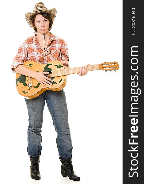 Cowboy woman with a guitar on a white background. Cowboy woman with a guitar on a white background.