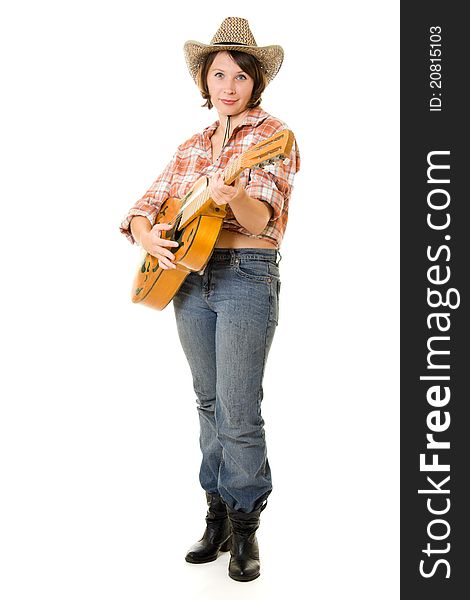 Cowboy woman with a guitar on a white background. Cowboy woman with a guitar on a white background.