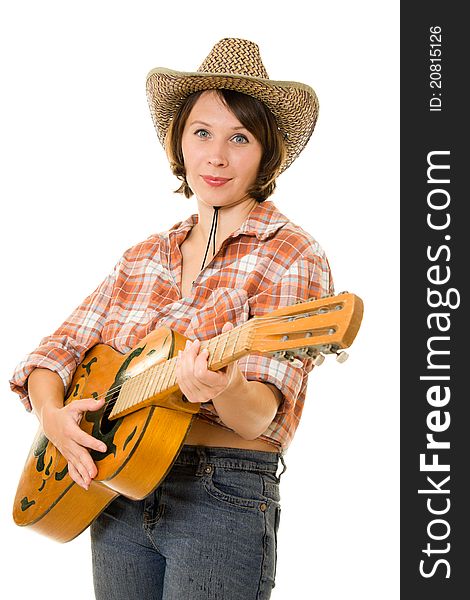 Cowboy woman with a guitar on a white background. Cowboy woman with a guitar on a white background.