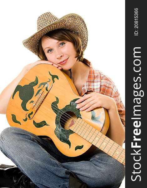 Cowboy woman with a guitar on a white background. Cowboy woman with a guitar on a white background.