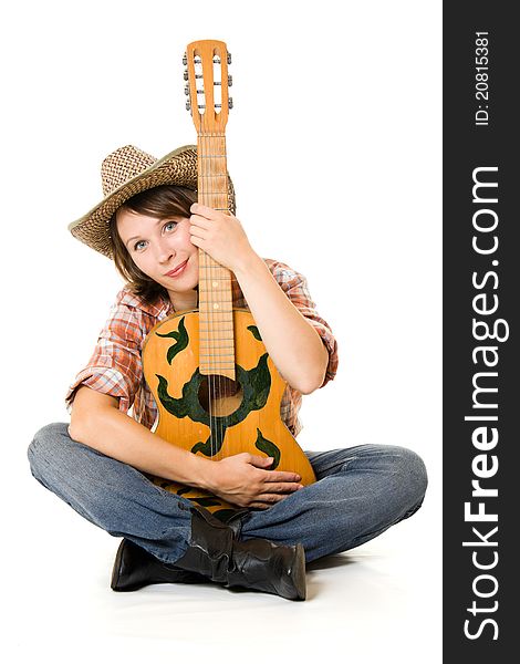 Cowboy woman with a guitar on a white background. Cowboy woman with a guitar on a white background.