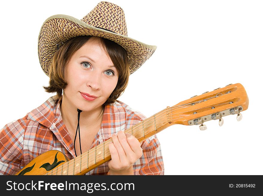 Cowboy woman with a guitar on a white background. Cowboy woman with a guitar on a white background.