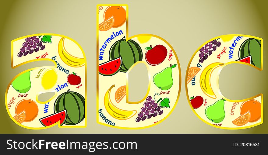 Letter ABC - a variety of fruits on beige background. Letter ABC - a variety of fruits on beige background