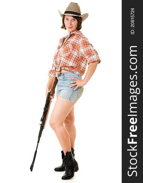 Cowboy woman with a gun on a white background. Cowboy woman with a gun on a white background.