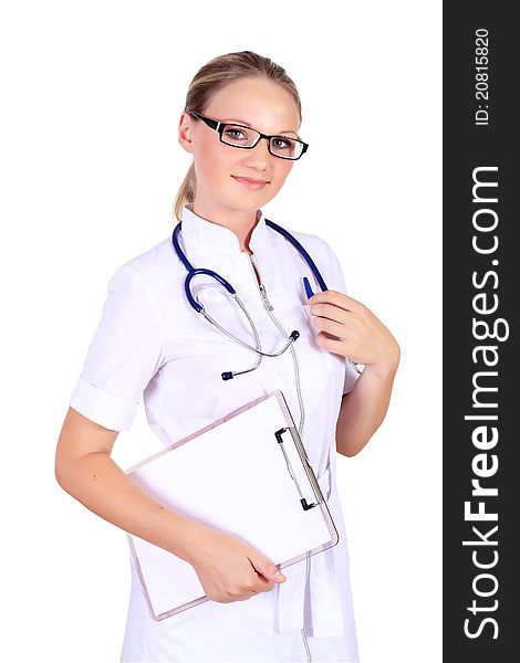 Young female doctor in white uniform with stethoscope. Young female doctor in white uniform with stethoscope