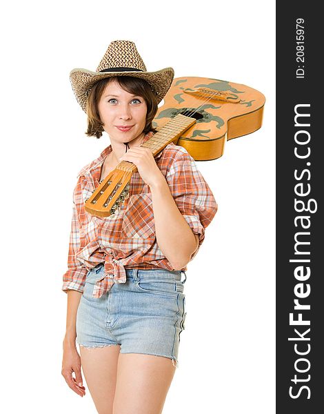 Cowboy woman with a guitar on a white background. Cowboy woman with a guitar on a white background.