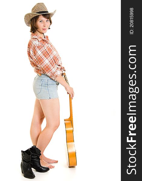 Cowboy woman with a guitar on a white background. Cowboy woman with a guitar on a white background.