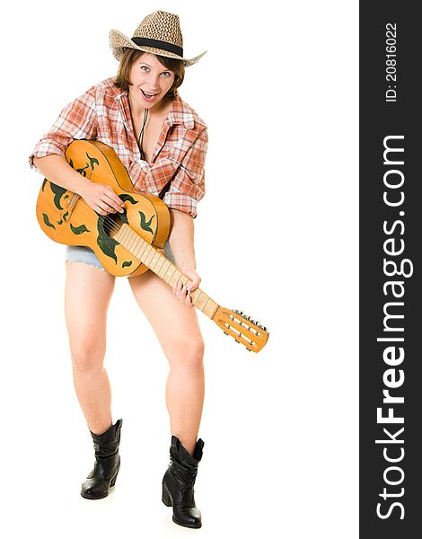 Cowboy woman with a guitar on a white background. Cowboy woman with a guitar on a white background.