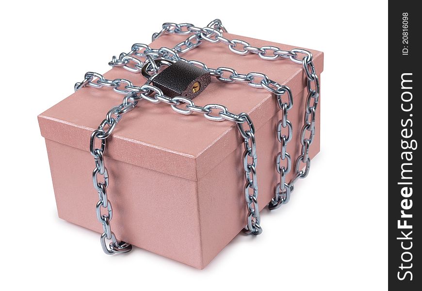 Color photo of a pink cardboard box and a metal chain. Color photo of a pink cardboard box and a metal chain