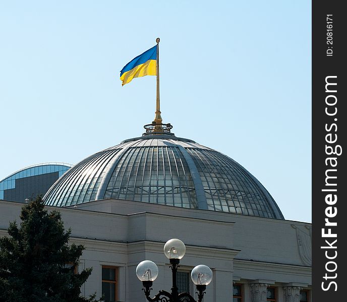 Ukrainian flag on a parliament roof in Kiev