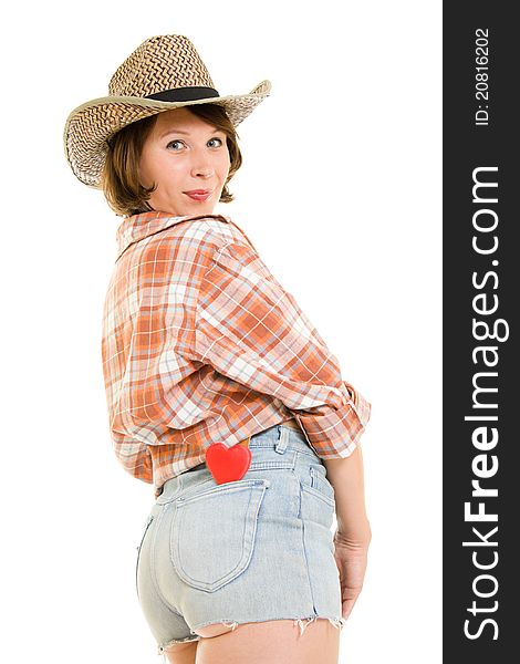 Cowboy woman with a heart in your pocket on a white background. Cowboy woman with a heart in your pocket on a white background.