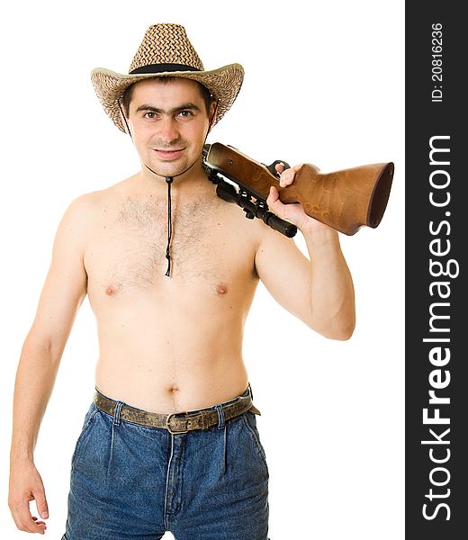 Cowboy man with a gun in his hand on a white background. Cowboy man with a gun in his hand on a white background.