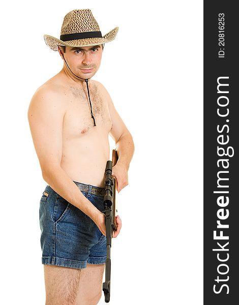 Cowboy man with a gun in his hands on a white background. Cowboy man with a gun in his hands on a white background.