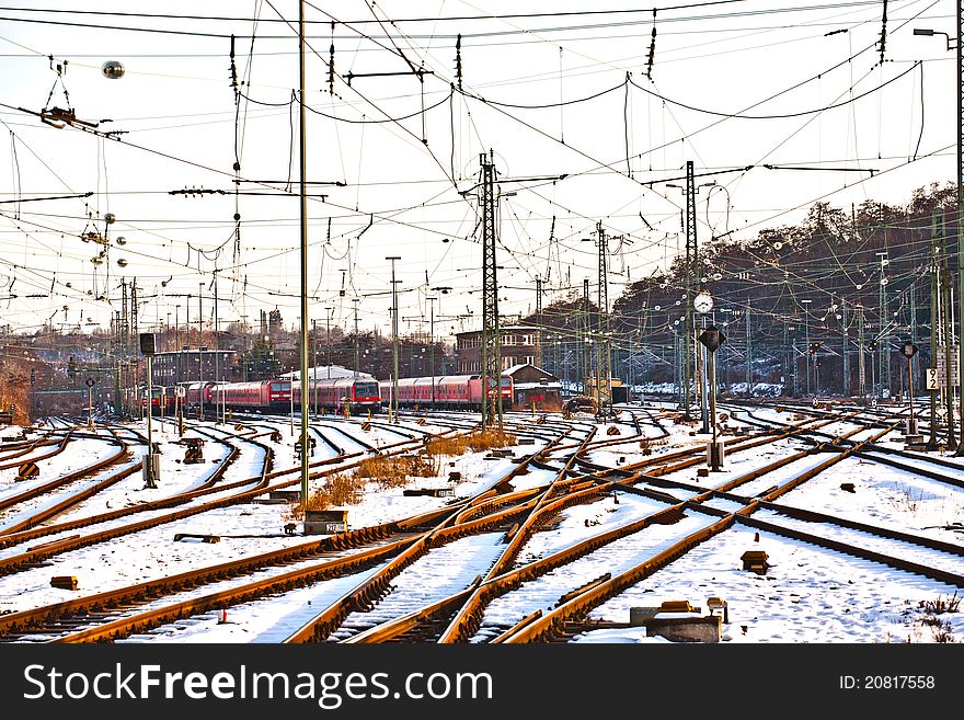 Rails and catenary in winter at the station. Rails and catenary in winter at the station