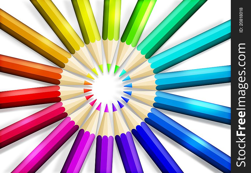 Color pencils in arrange in cycle on white background