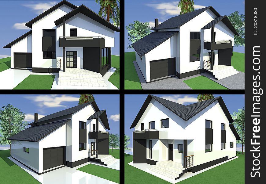 4 view of a 3D render of modern house