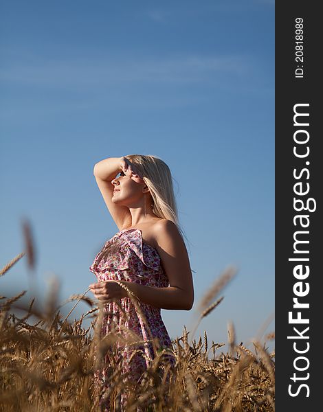 The beautiful girl in the field with wheat against the dark blue sky